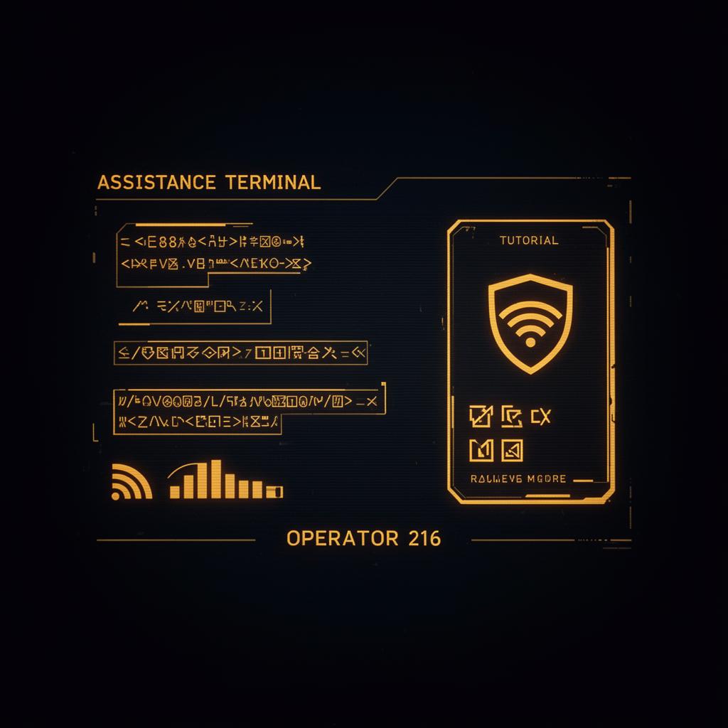 Interface fictive d'assistance Operator 216 avec terminal pédagogique et ambiance dark gold.